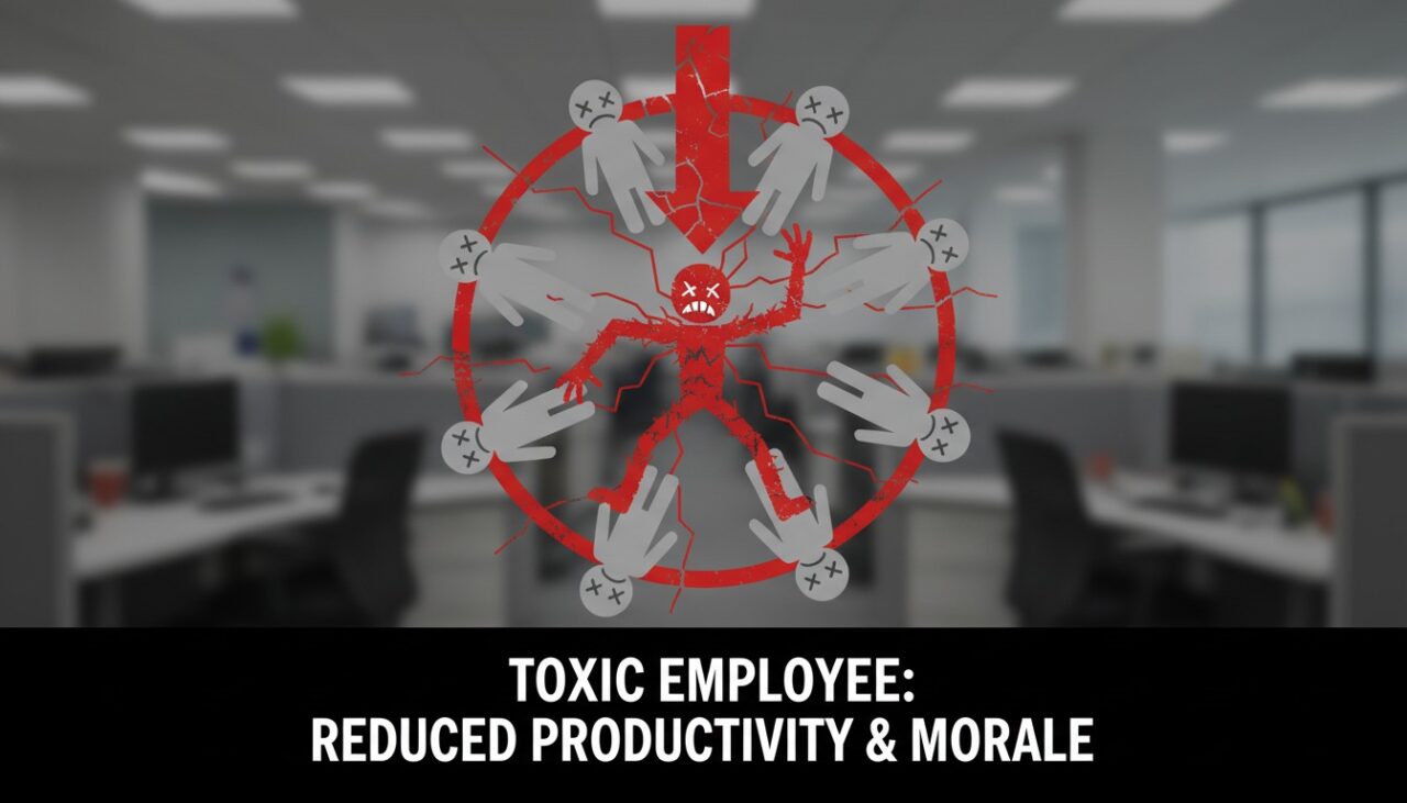 Graphic illustrating the negative impact of a toxic employee on team productivity and morale.