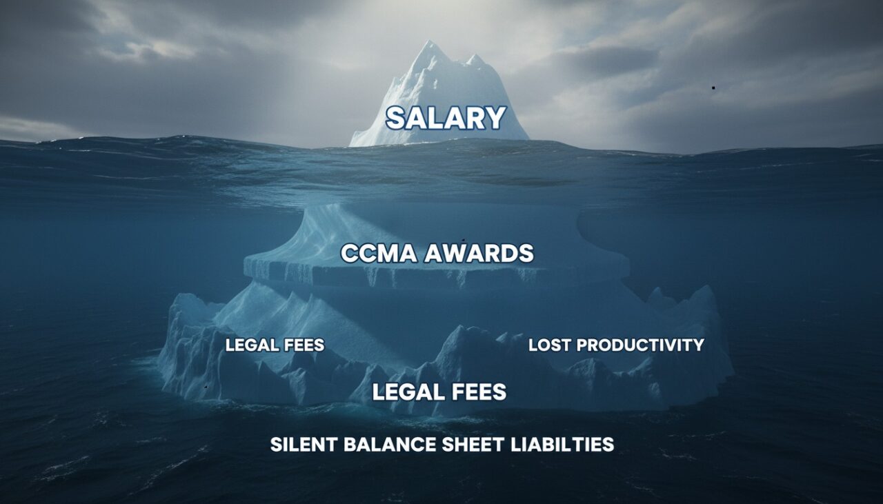 Iceberg illustrating visible payroll costs vs. hidden 'silent balance sheet' liabilities including CCMA awards.