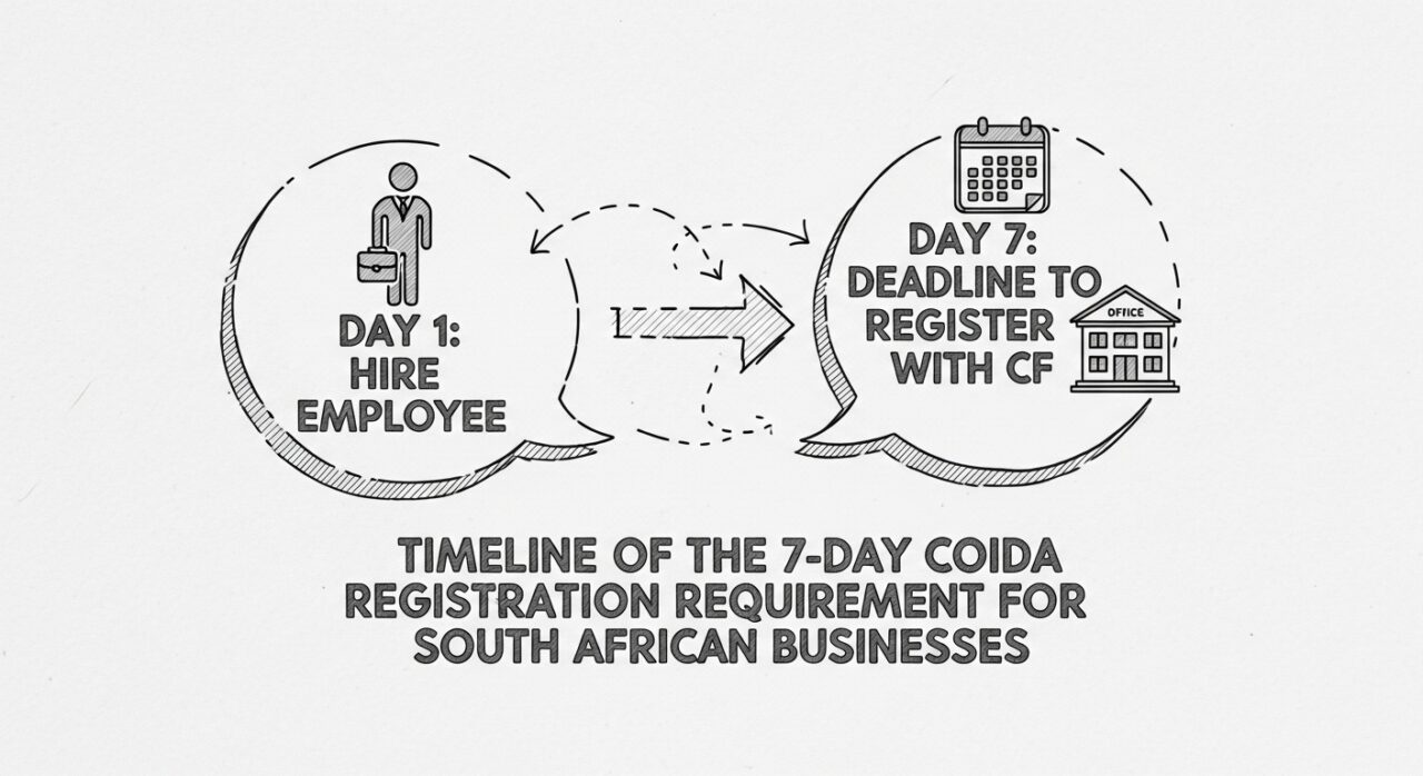 Timeline of the 7-day COIDA registration requirement for South African businesses.