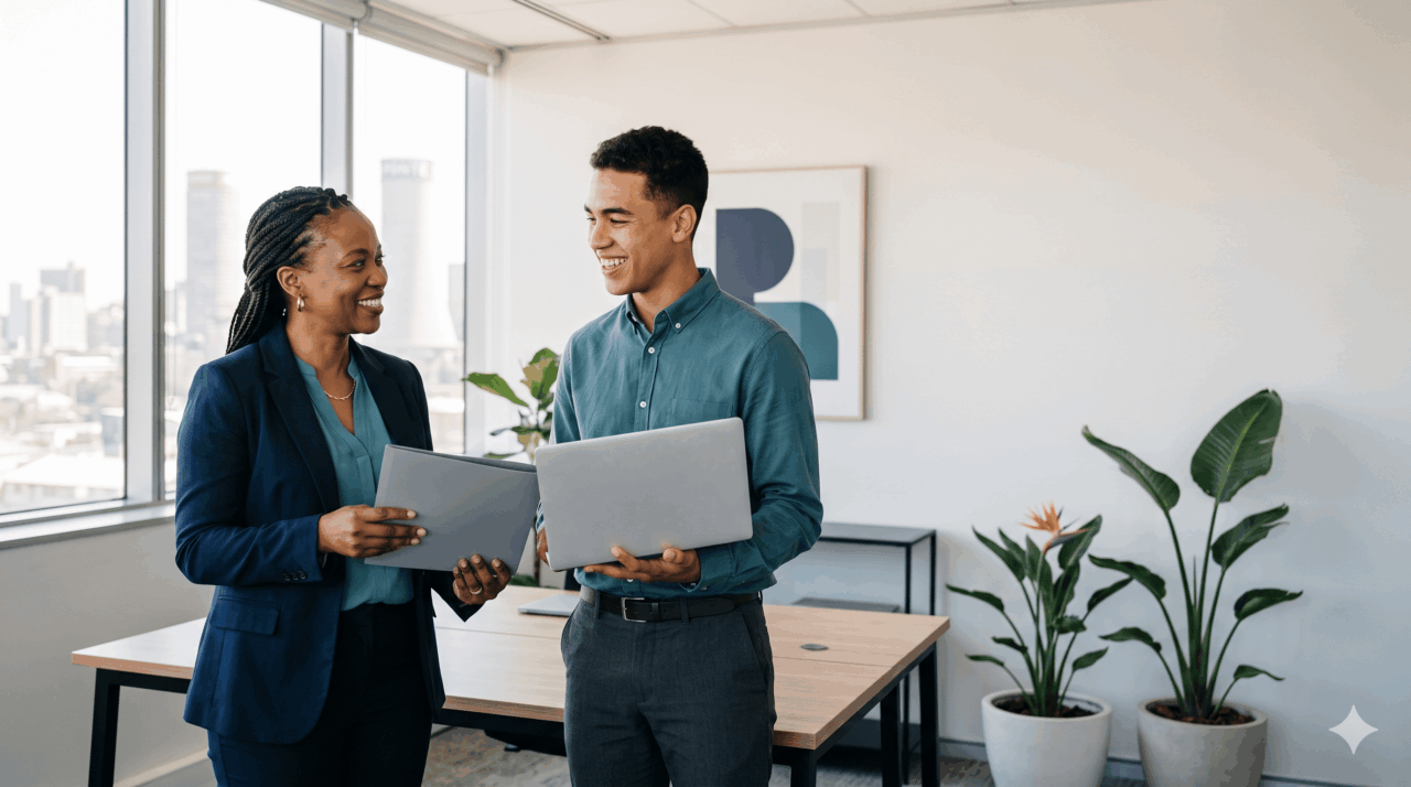 How to hire employees in South Africa: a hiring manager warmly welcoming a new employee in a bright Johannesburg office