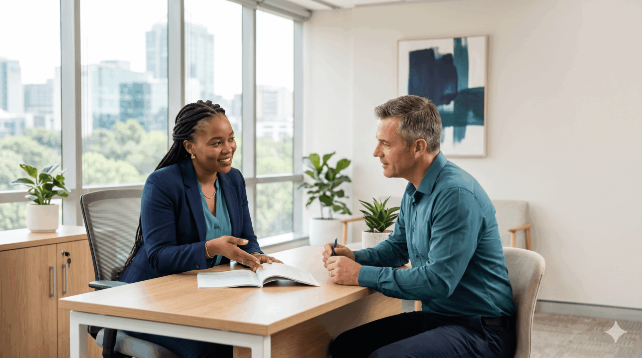 South African labour law: an HR advisor confidently guiding a client on compliance in a bright office