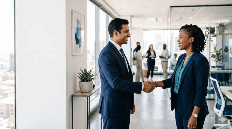 What is an Employer of Record: an international business owner and a South African professional shaking hands in a bright modern office