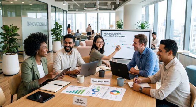 HR team reviewing company culture metrics and engagement data in a collaborative meeting