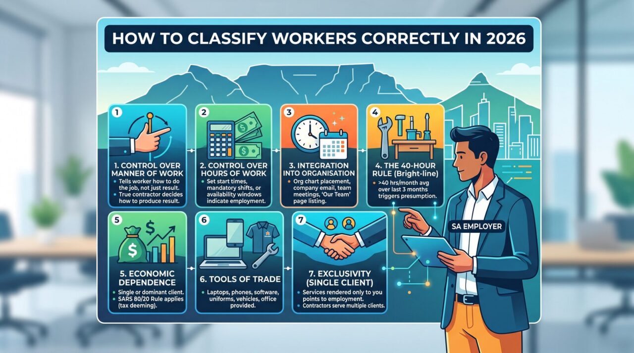 7-factor test infographic for classifying workers as employees or independent contractors in South Africa 2026