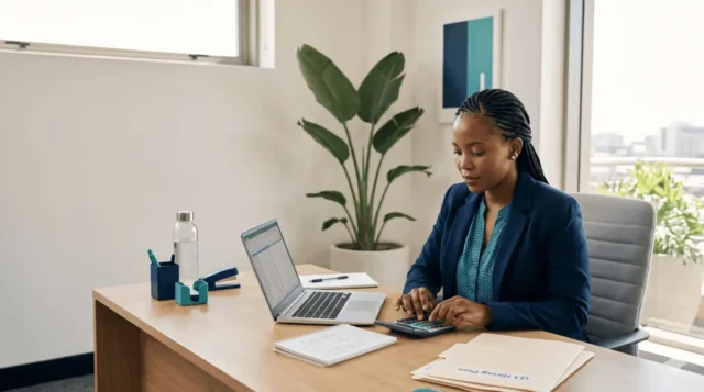 Cost to hire an employee in South Africa: a finance professional planning a hire with a calculator and laptop