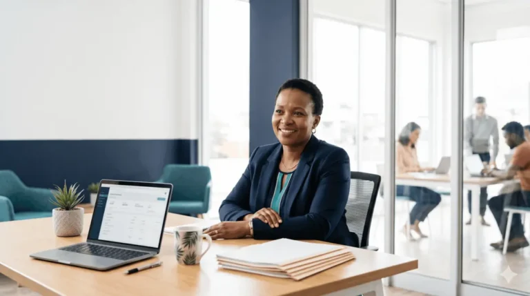 Outsource payroll South Africa: a calm small-business owner whose payroll is handled, at ease at their desk