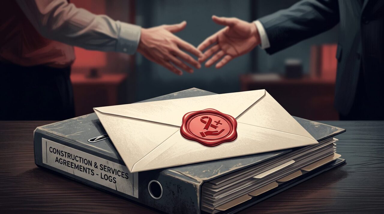 Wax-sealed envelope resting on a lever-arch file of construction and services agreements while two people go to shake hands, representing a Letter of Good Standing gating a contract