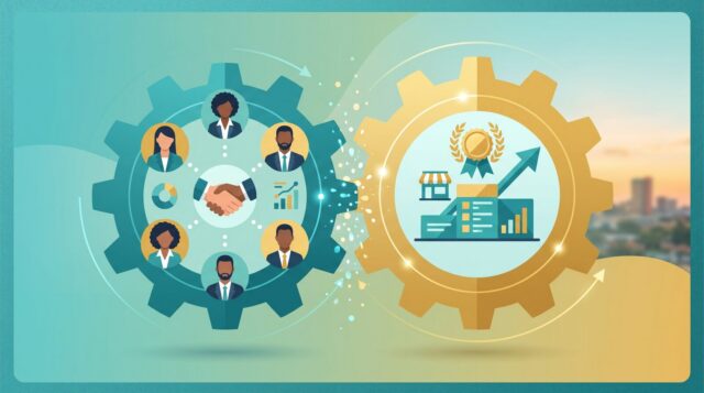 Two interlocking gears, one holding a diverse workforce and a handshake, the other a business with an award ribbon and rising graph, showing Employment Equity data feeding the B-BBEE scorecard