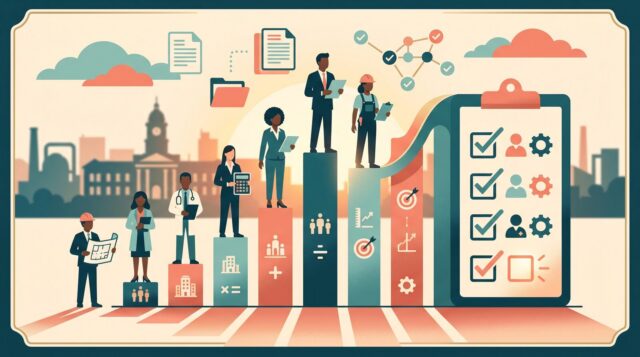 Flat illustration of diverse South African employees standing on a rising bar chart beside a large compliance checklist, representing Employment Equity reporting against sector targets