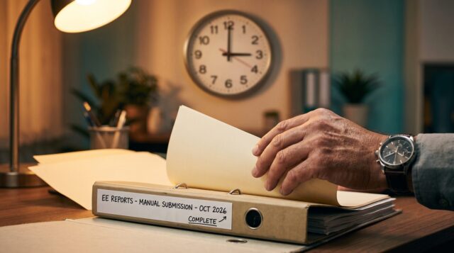Hand paging through a lever-arch file labelled EE Reports Manual Submission Oct 2026 under a desk lamp with a wall clock behind, conveying the deadline countdown